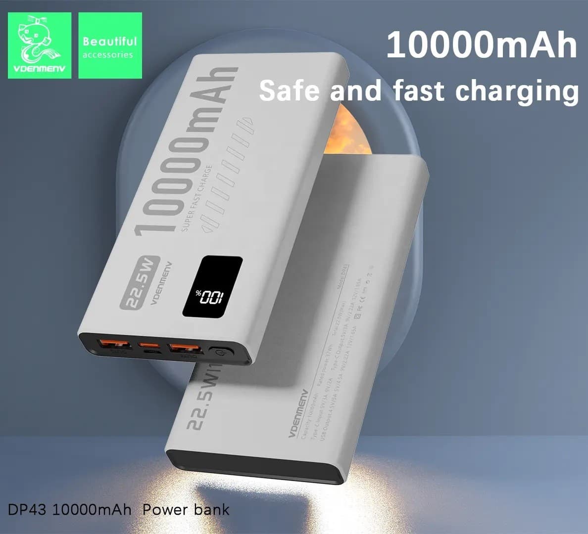 VDENMENV DP43 10000MAH 22.5W FAST CHARGE POWER BANK WHITE